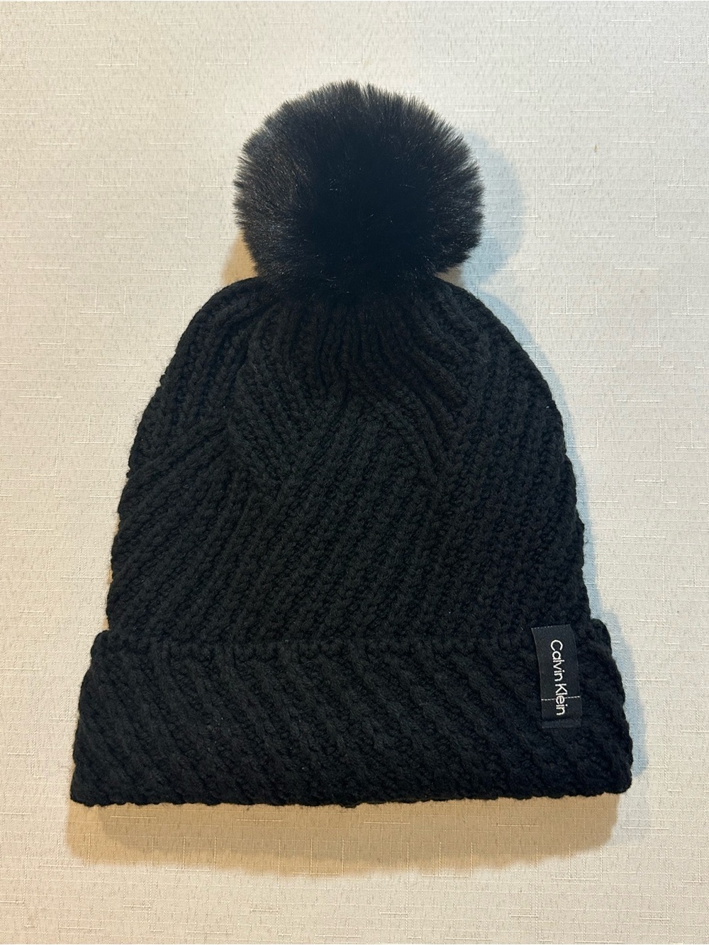 Calvin Klein Black Cable Knit Pom Pom Beanie